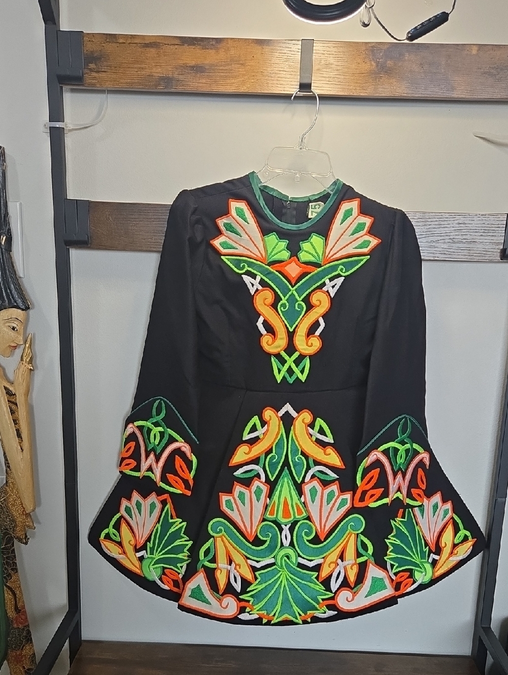 Black Irish Dance Dress with Neon Green & Orange Embroidery Vtg Comp Recital 2/5